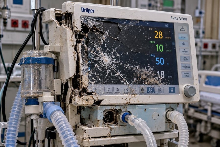 Dräger Evita ventilator with cracked display, mud-damaged