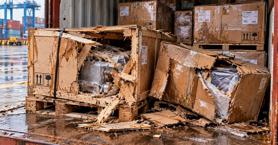 Broken wooden crate with contents exposed inside a container