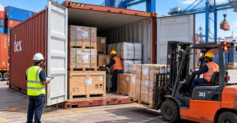 Surveyor supervising de-stuffing of a container at the port