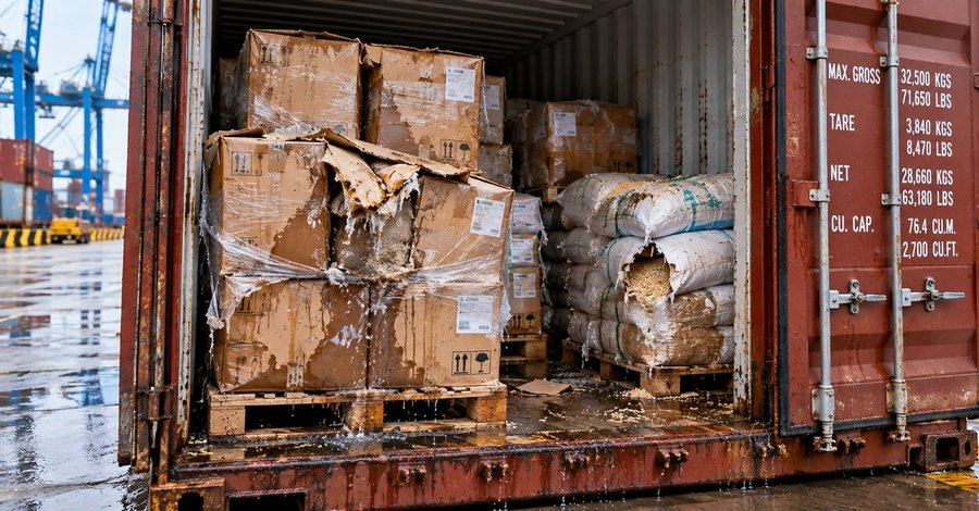 Water-stained cartons and bags inside a container